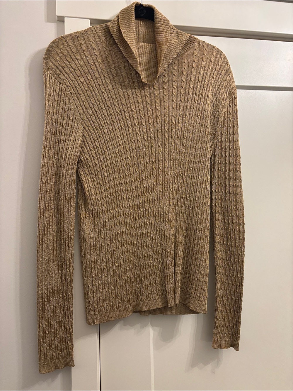Lauren Ralph Lauren women's metallic cable-knit turtleneck sweater.